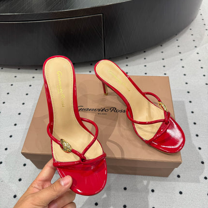 GIANVITO ROSSI 26S STRAPPY HEEL SANDALS 80 MM IN RED PATENT LAMBSKIN