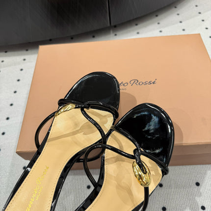 GIANVITO ROSSI 26S STRAPPY HEEL SANDALS 80 MM IN BLACK PATENT LAMBSKIN