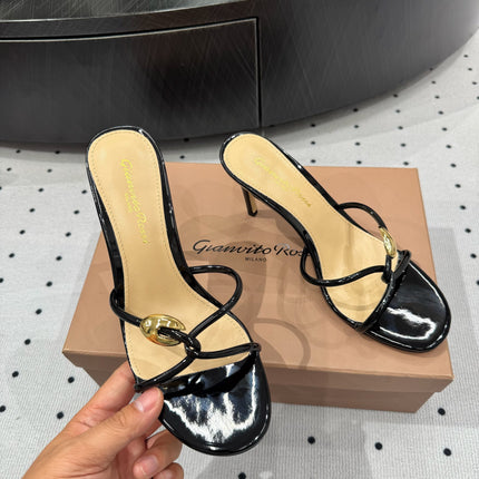 GIANVITO ROSSI 26S STRAPPY HEEL SANDALS 80 MM IN BLACK PATENT LAMBSKIN