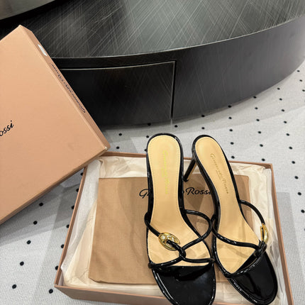 GIANVITO ROSSI 26S STRAPPY HEEL SANDALS 80 MM IN BLACK PATENT LAMBSKIN