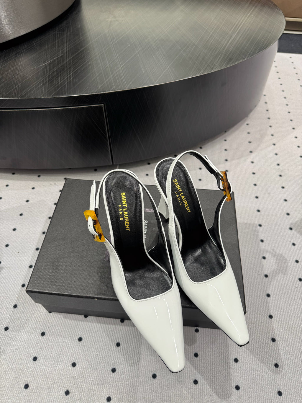 YSL 26S SLINGBACK HEELS 105 MM IN WHITE GLOSSY CALFSKIN WITH BUCKLE CLOSURE