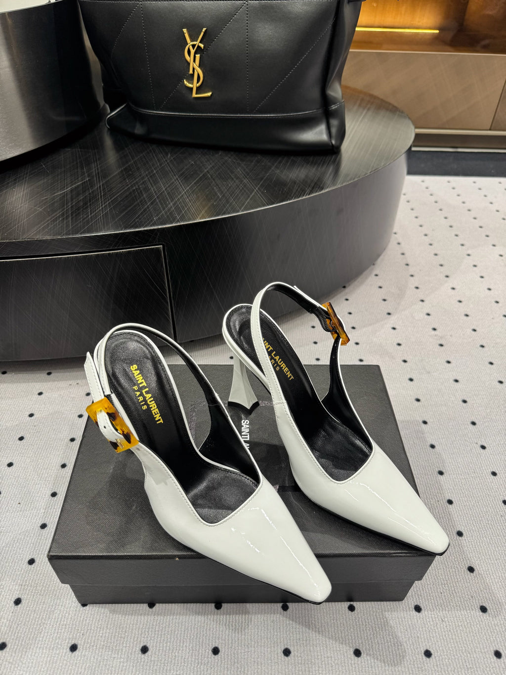 YSL 26S SLINGBACK HEELS 105 MM IN WHITE GLOSSY CALFSKIN WITH BUCKLE CLOSURE