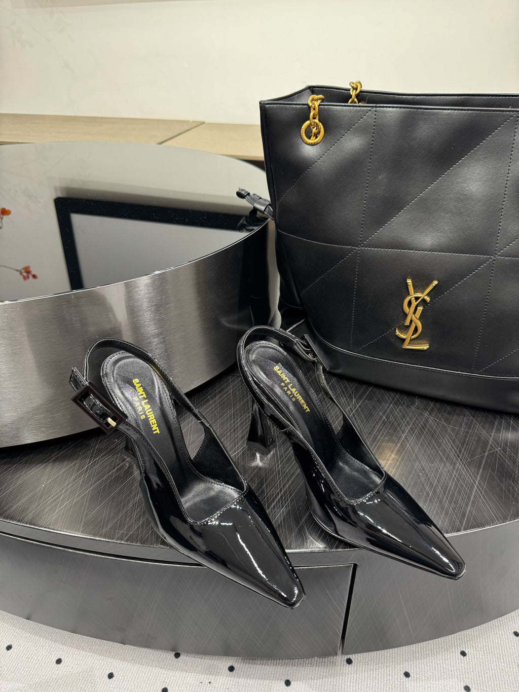 YSL 26S SLINGBACK HEELS 105 MM IN BLACK GLOSSY CALFSKIN WITH BUCKLE CLOSURE