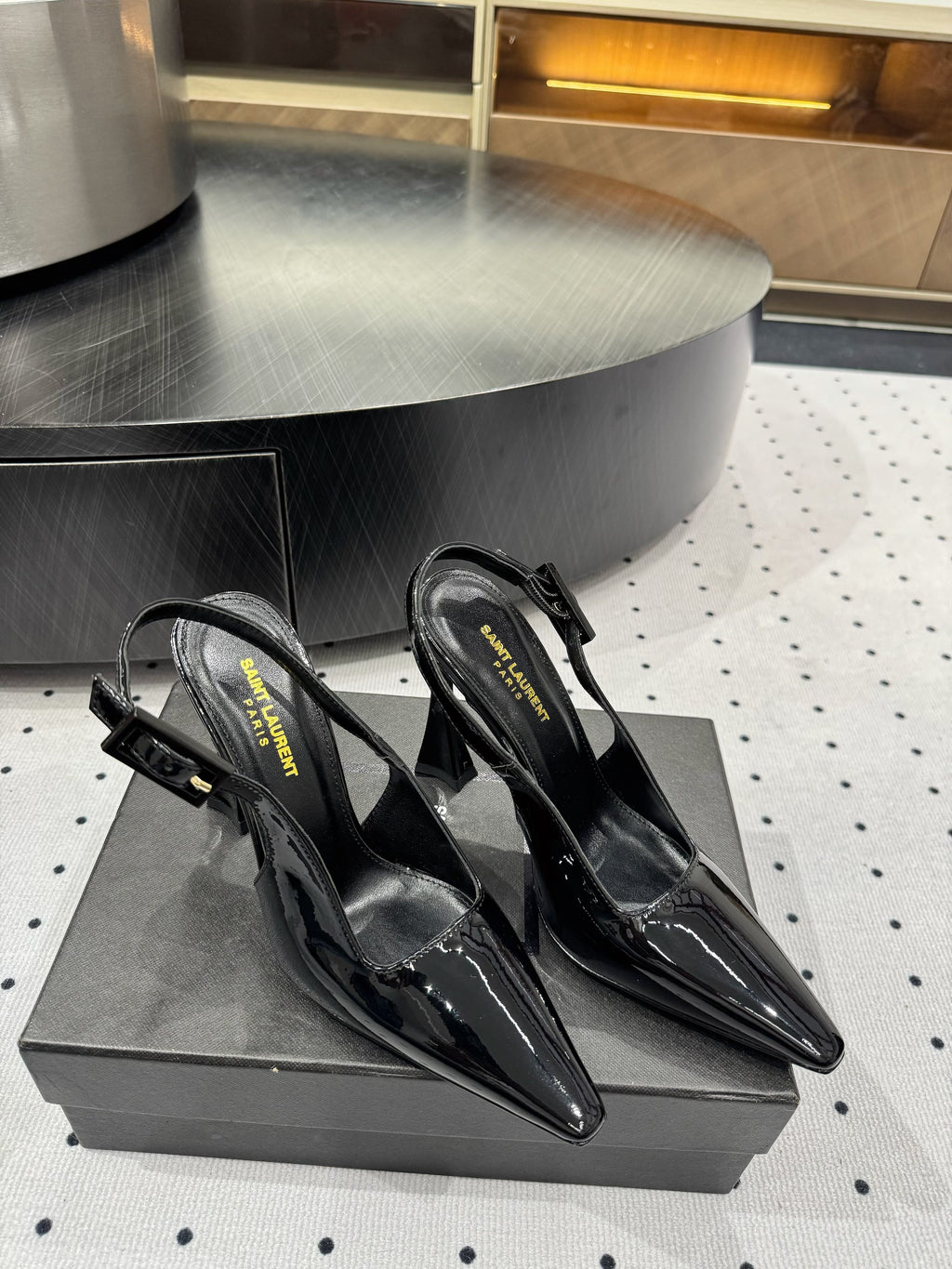 YSL 26S SLINGBACK HEELS 105 MM IN BLACK GLOSSY CALFSKIN WITH BUCKLE CLOSURE