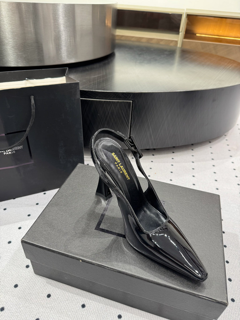 YSL 26S SLINGBACK HEELS 105 MM IN BLACK GLOSSY CALFSKIN WITH BUCKLE CLOSURE
