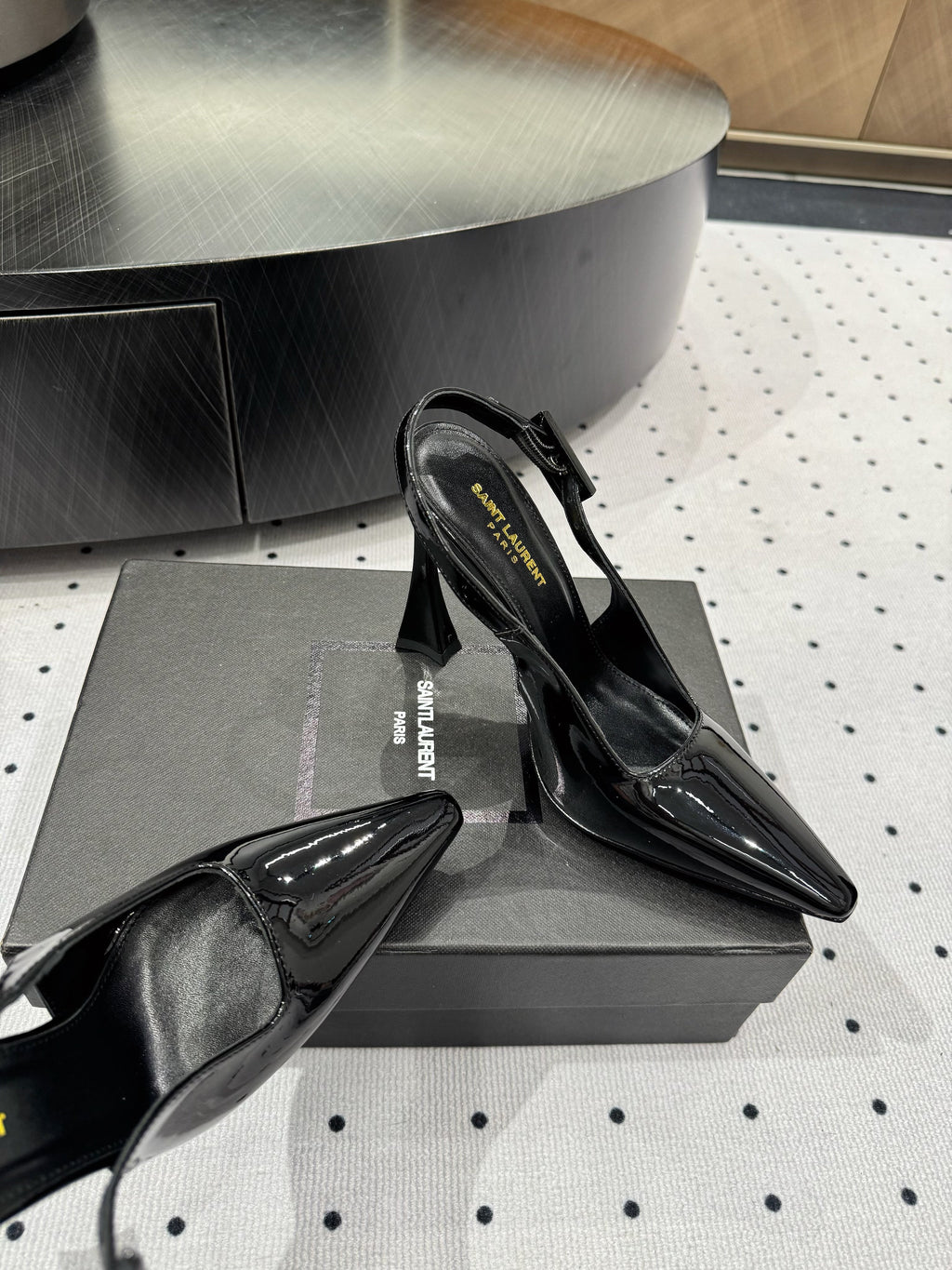 YSL 26S SLINGBACK HEELS 105 MM IN BLACK GLOSSY CALFSKIN WITH BUCKLE CLOSURE