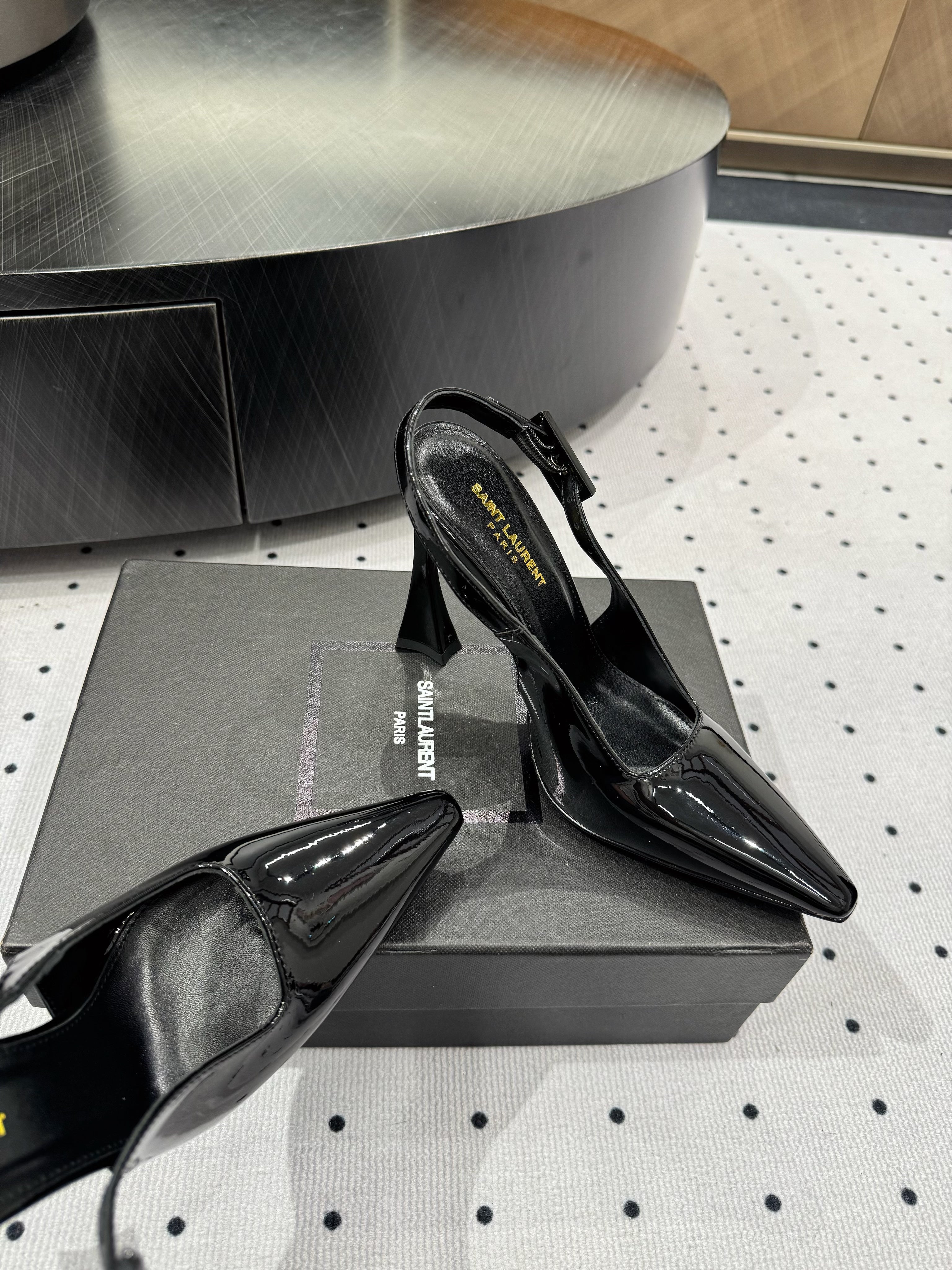YSL 26S SLINGBACK HEELS 105 MM IN BLACK GLOSSY CALFSKIN WITH BUCKLE CLOSURE