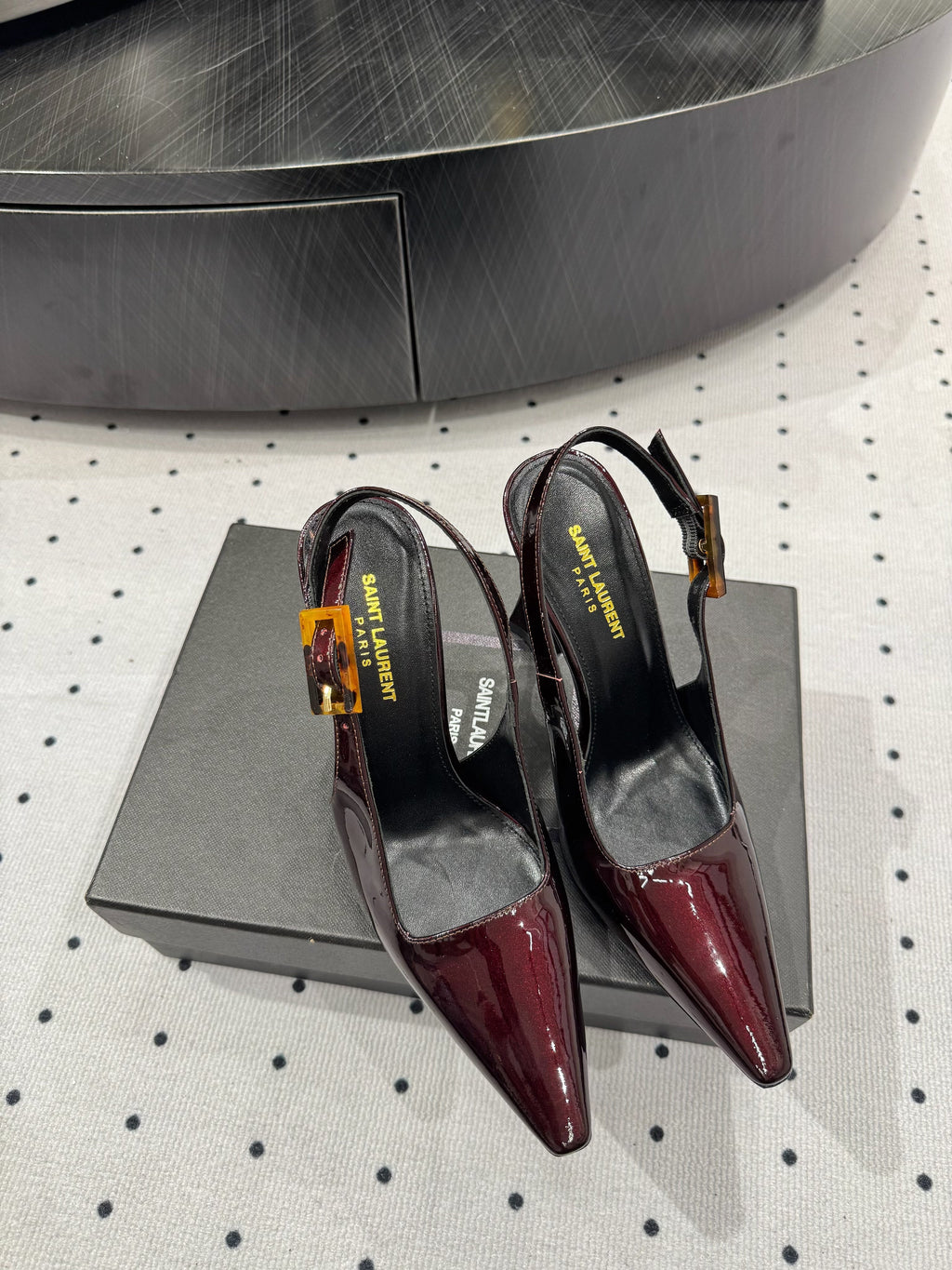 YSL 26S SLINGBACK HEELS 105 MM IN DARK RED GLOSSY CALFSKIN WITH BUCKLE CLOSURE