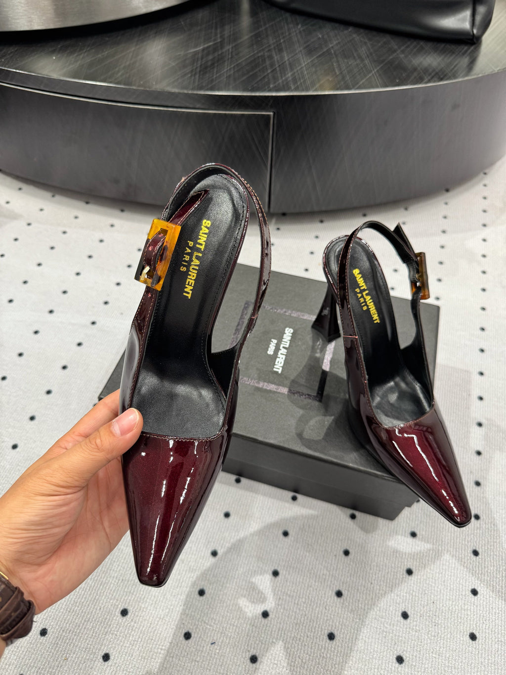 YSL 26S SLINGBACK HEELS 105 MM IN DARK RED GLOSSY CALFSKIN WITH BUCKLE CLOSURE
