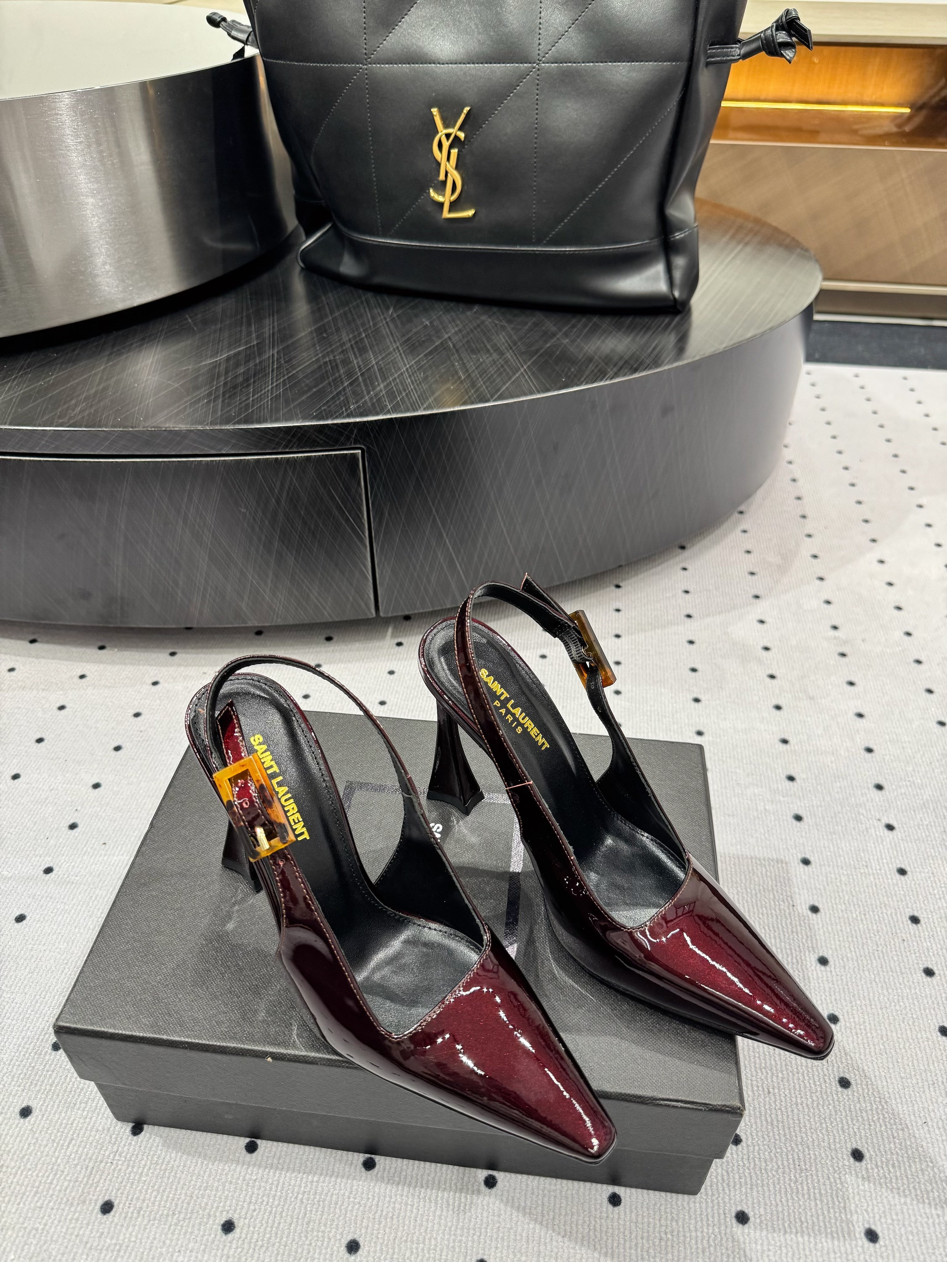 YSL 26S SLINGBACK HEELS 105 MM IN DARK RED GLOSSY CALFSKIN WITH BUCKLE CLOSURE