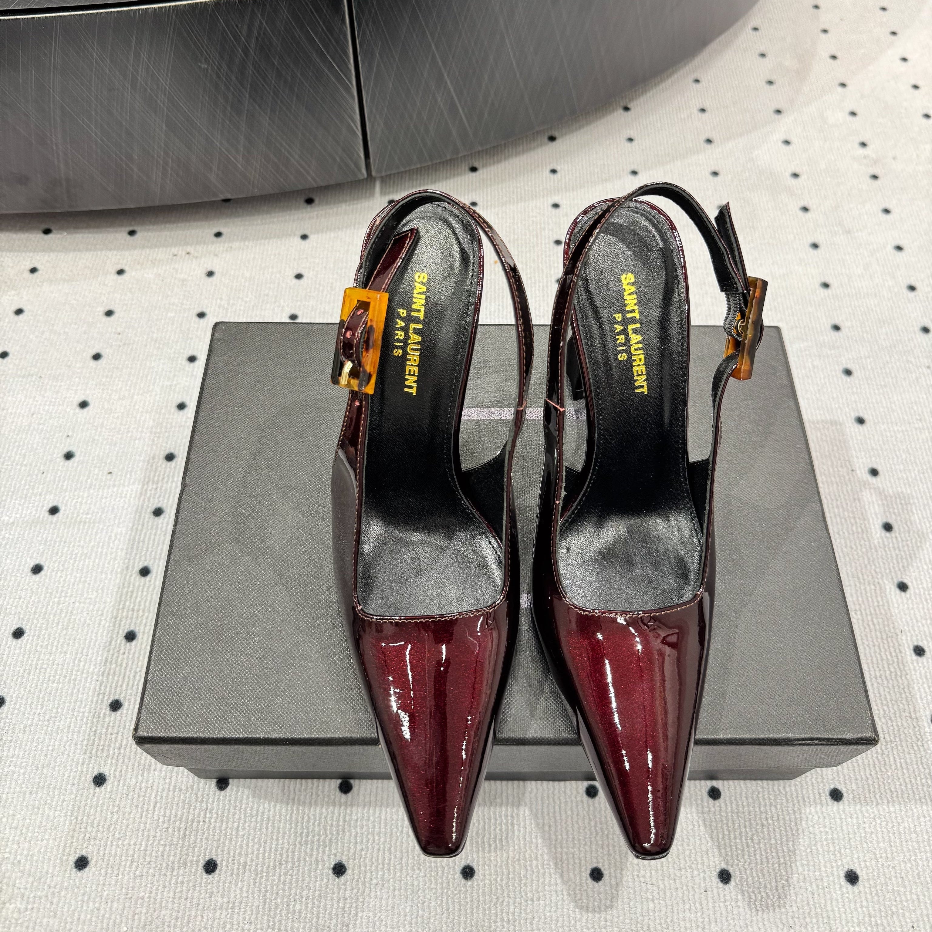 YSL 26S SLINGBACK HEELS 105 MM IN DARK RED GLOSSY CALFSKIN WITH BUCKLE CLOSURE