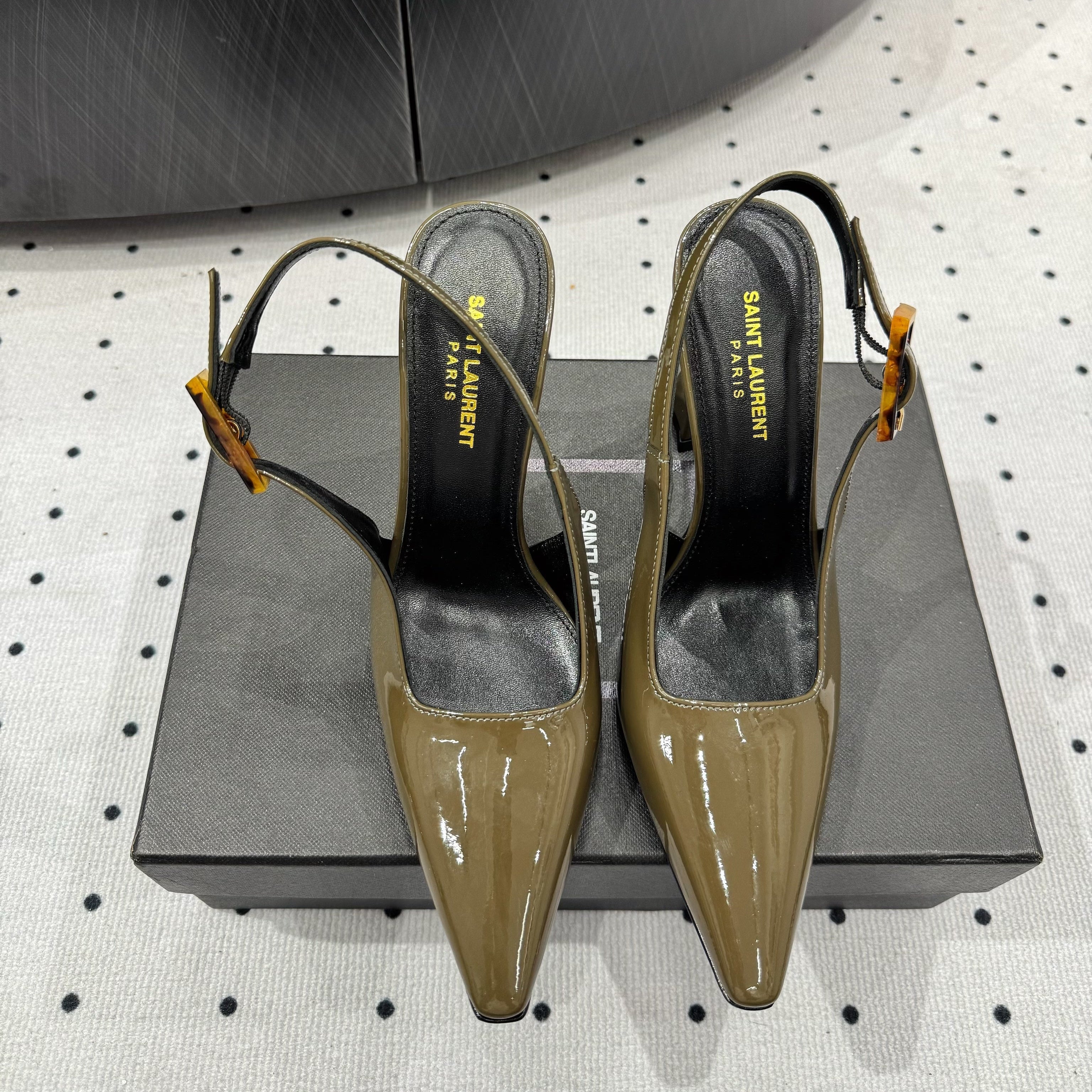 YSL 26S SLINGBACK HEELS 105 MM IN OLIVE GREEN GLOSSY CALFSKIN WITH BUCKLE CLOSURE