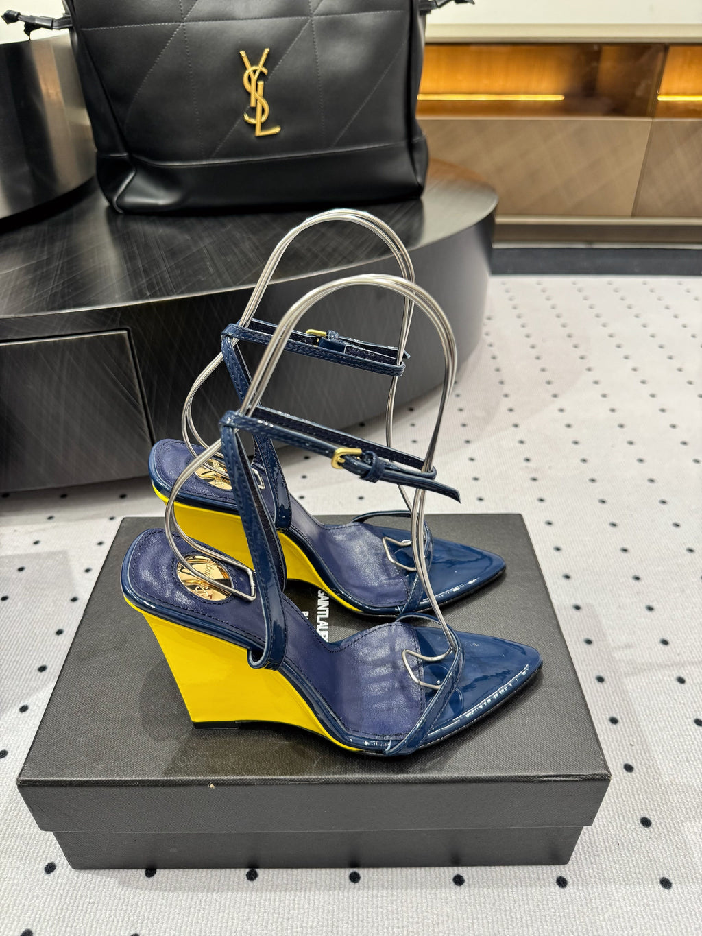 YSL 26S WEDGE HEELS 105 MM IN NAVY BLUE GLOSSY CALFSKIN
