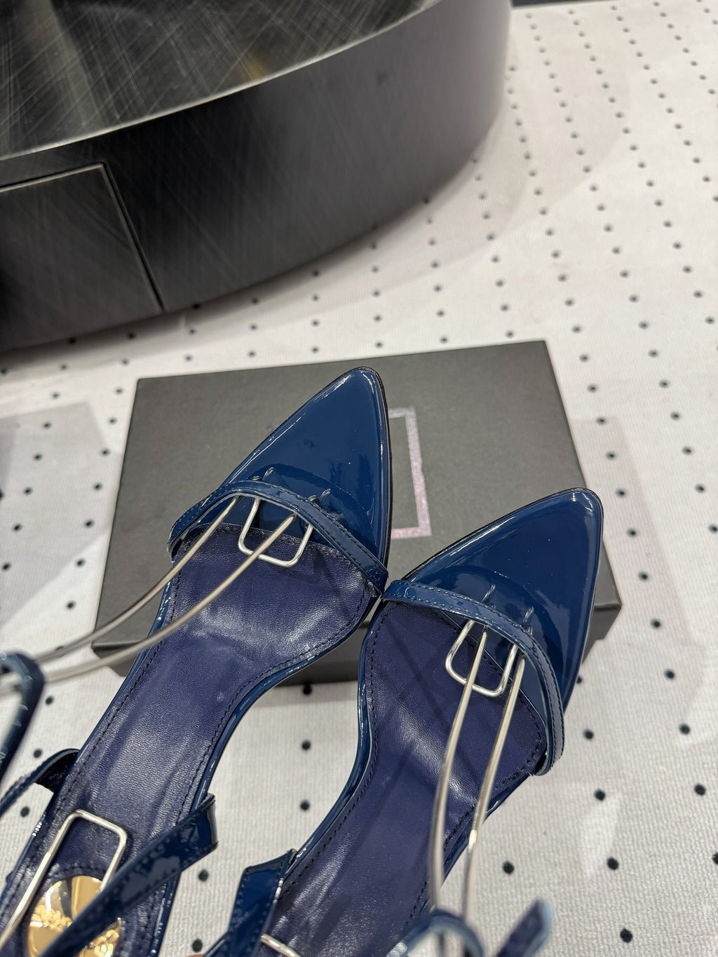 YSL 26S WEDGE HEELS 105 MM IN NAVY BLUE GLOSSY CALFSKIN