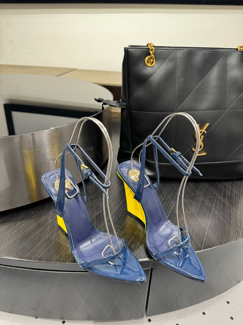 YSL 26S WEDGE HEELS 105 MM IN NAVY BLUE GLOSSY CALFSKIN