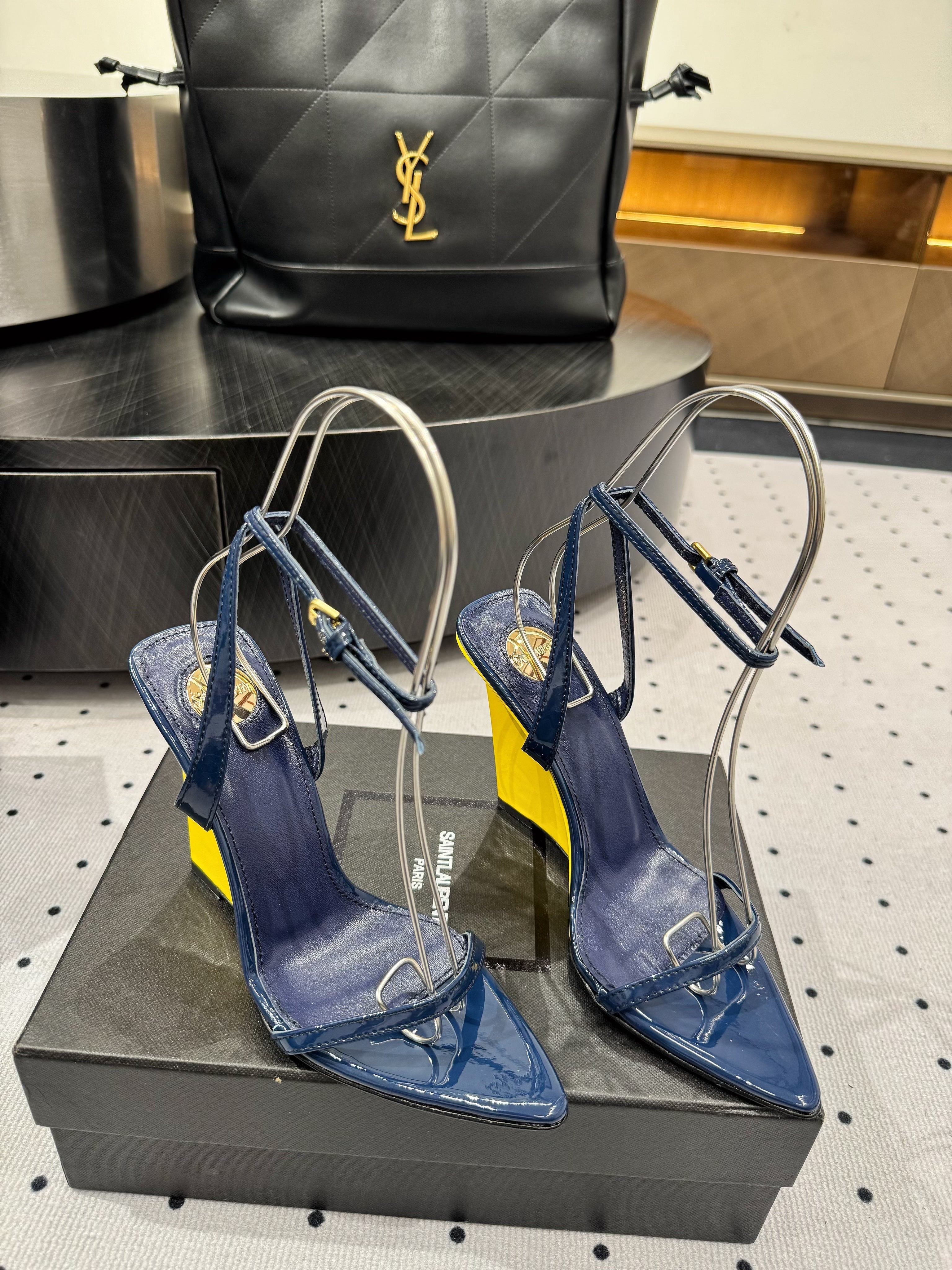 YSL 26S WEDGE HEELS 105 MM IN NAVY BLUE GLOSSY CALFSKIN