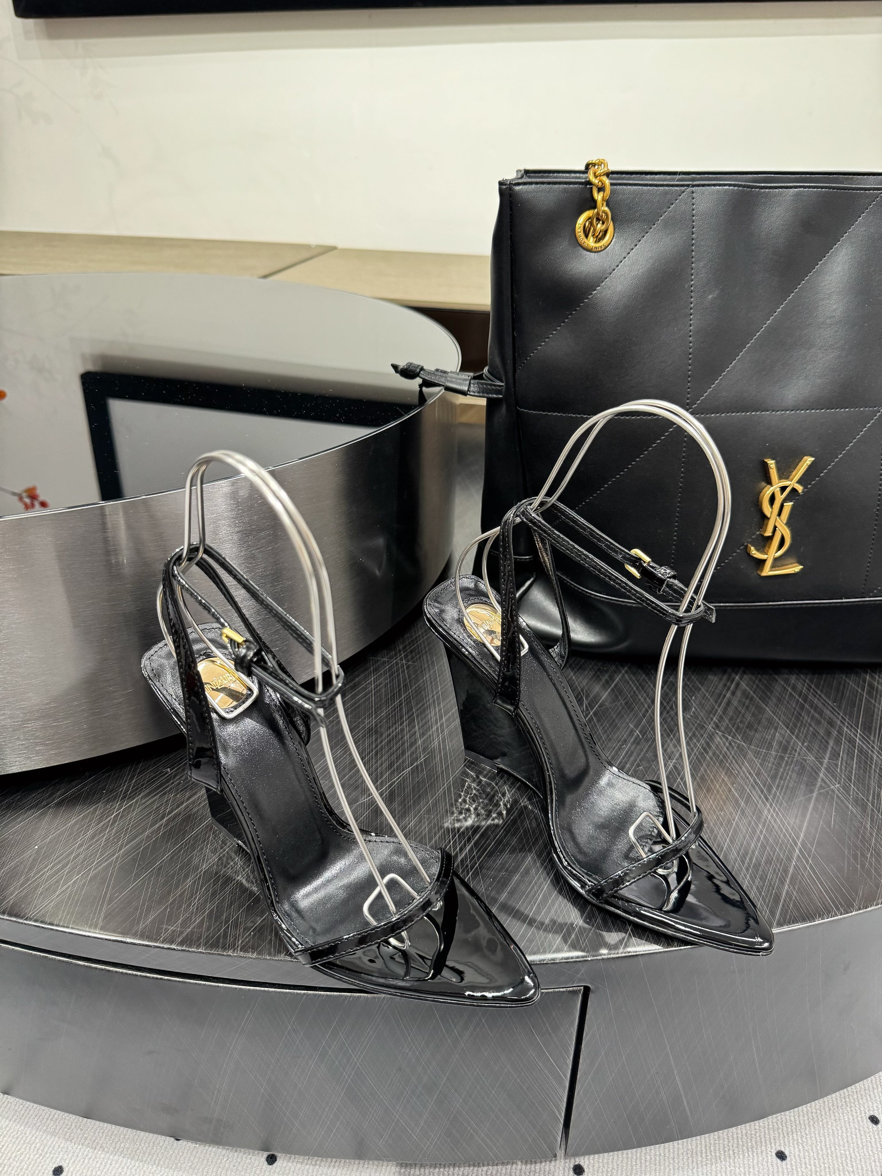 YSL 26S WEDGE HEELS 105 MM IN BLACK GLOSSY CALFSKIN