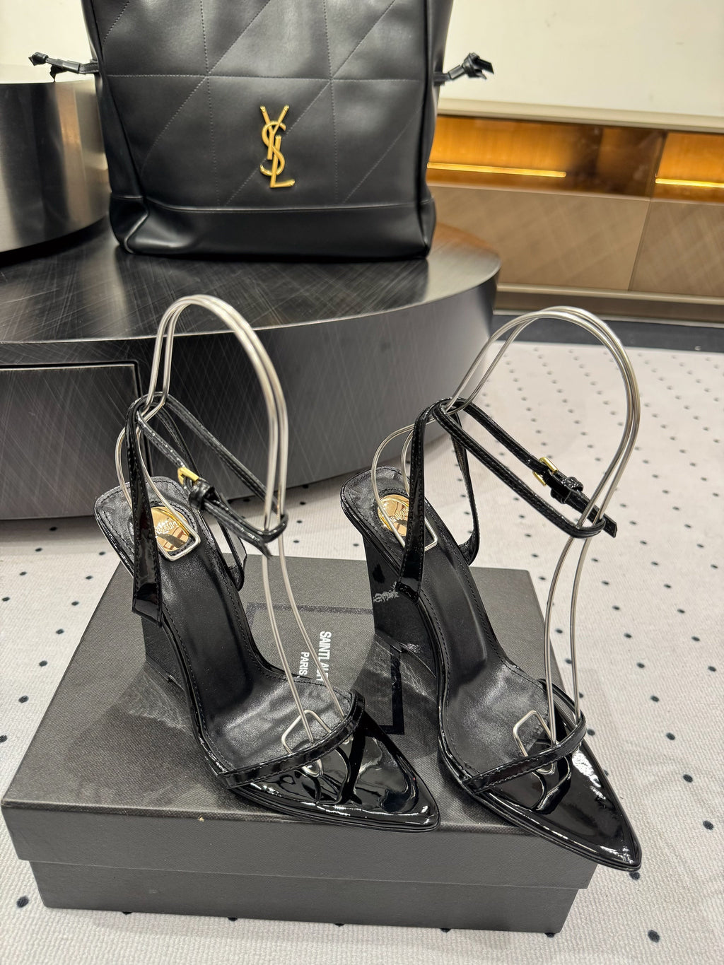 YSL 26S WEDGE HEELS 105 MM IN BLACK GLOSSY CALFSKIN