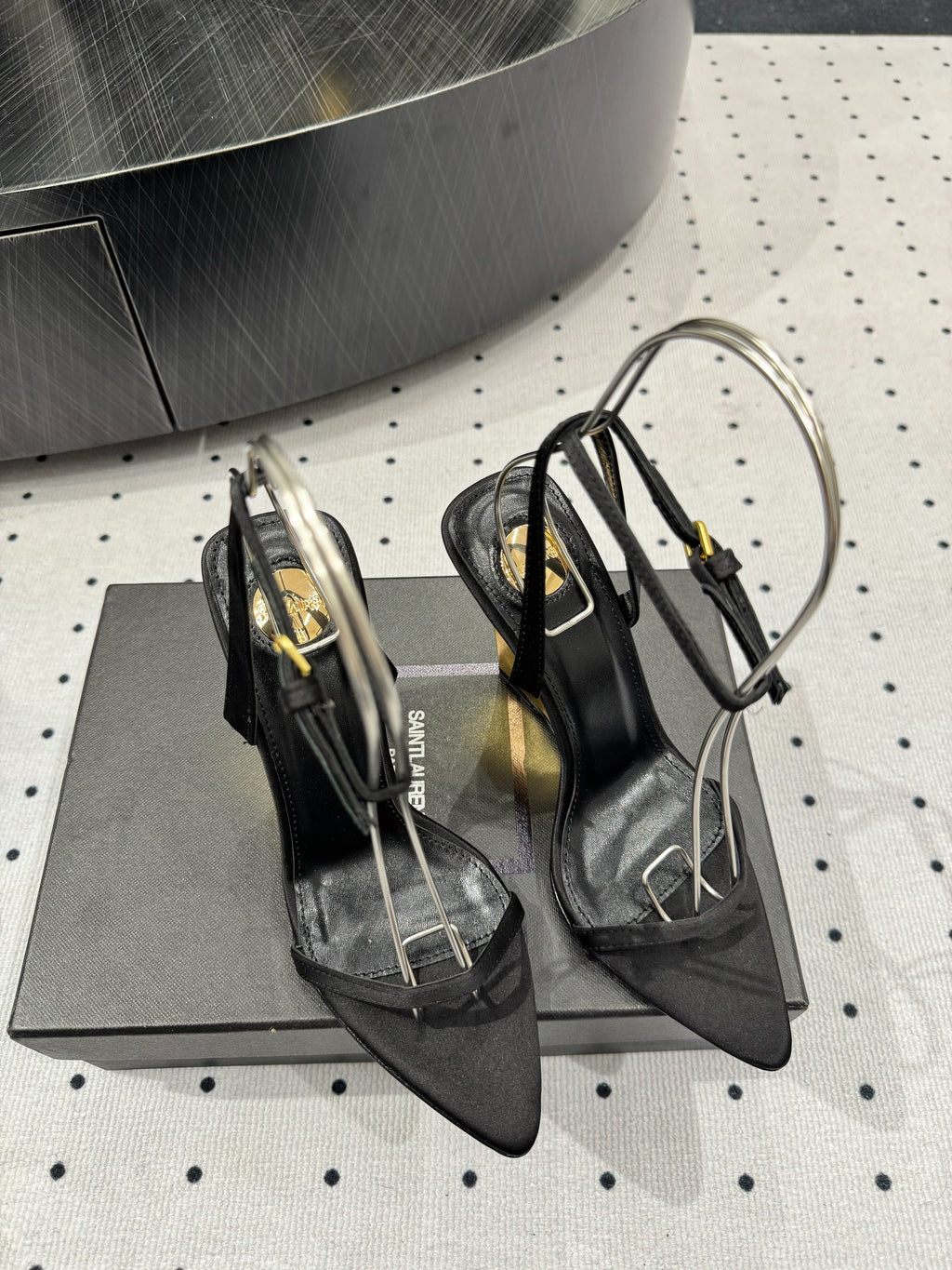 YSL 26S METAL-CAPPED WEDGE HEELS 105 MM IN BLACK SATIN