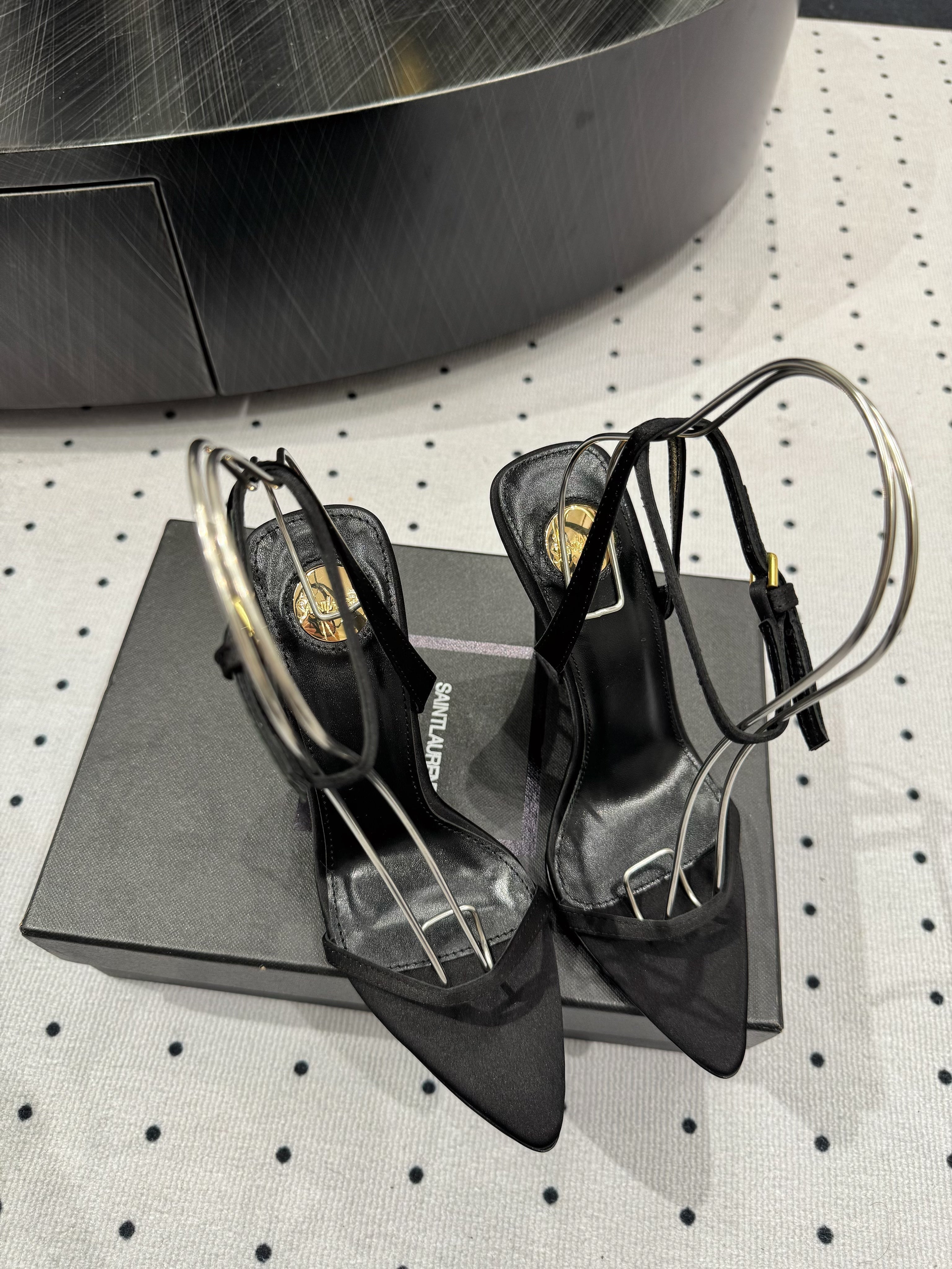 YSL 26S WEDGE HEELS 105 MM IN BLACK SATIN