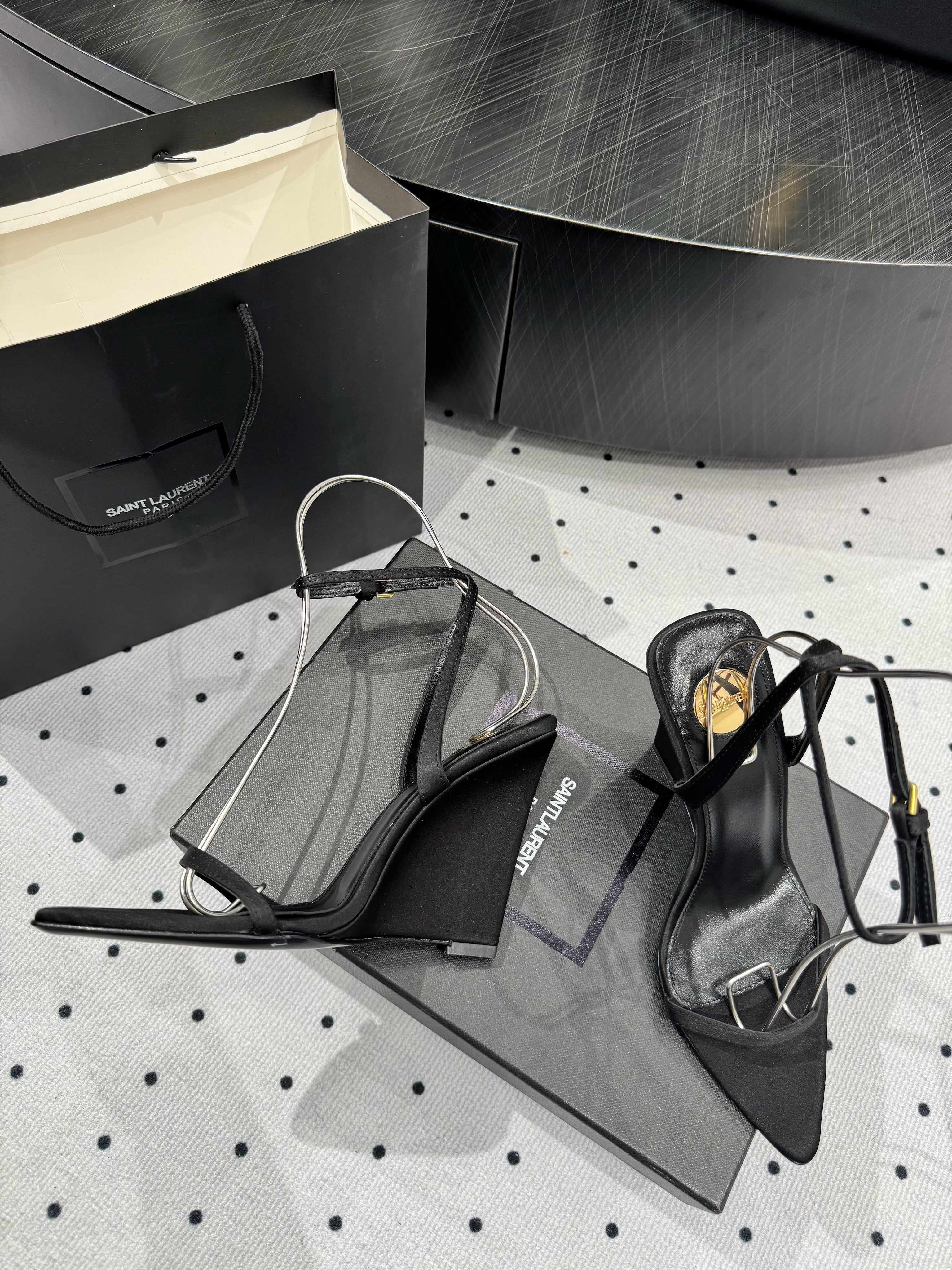 YSL 26S WEDGE HEELS 105 MM IN BLACK SATIN