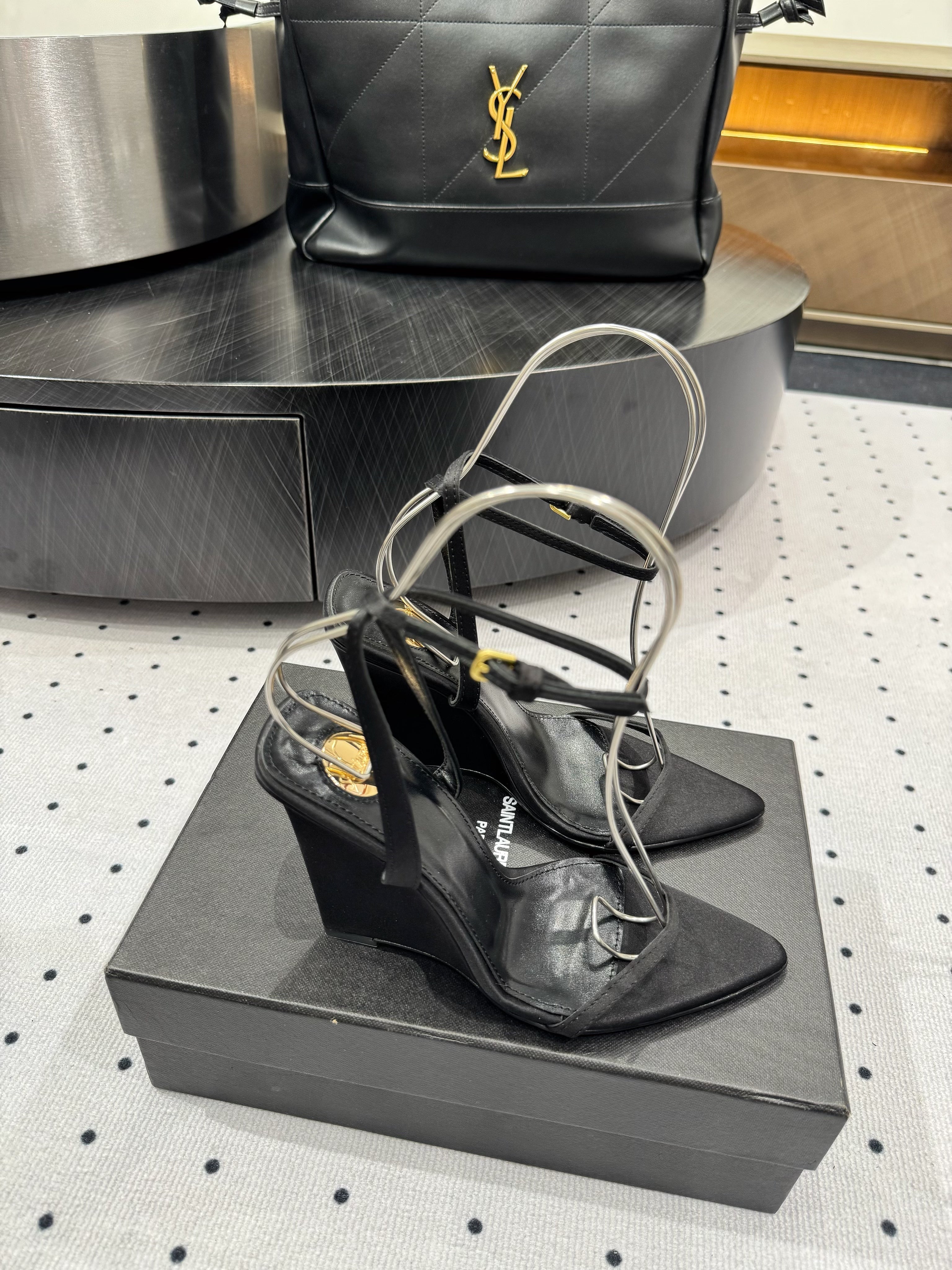 YSL 26S WEDGE HEELS 105 MM IN BLACK SATIN