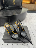 YSL 26S POINTED-TOE SLINGBACK HEELS 105 MM IN BLACK AND ORANGE PATENT CALFSKIN