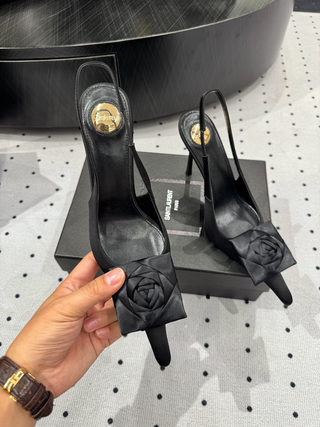 YSL 26S SLINGBACK HEELS 105 MM IN BLACK SATIN