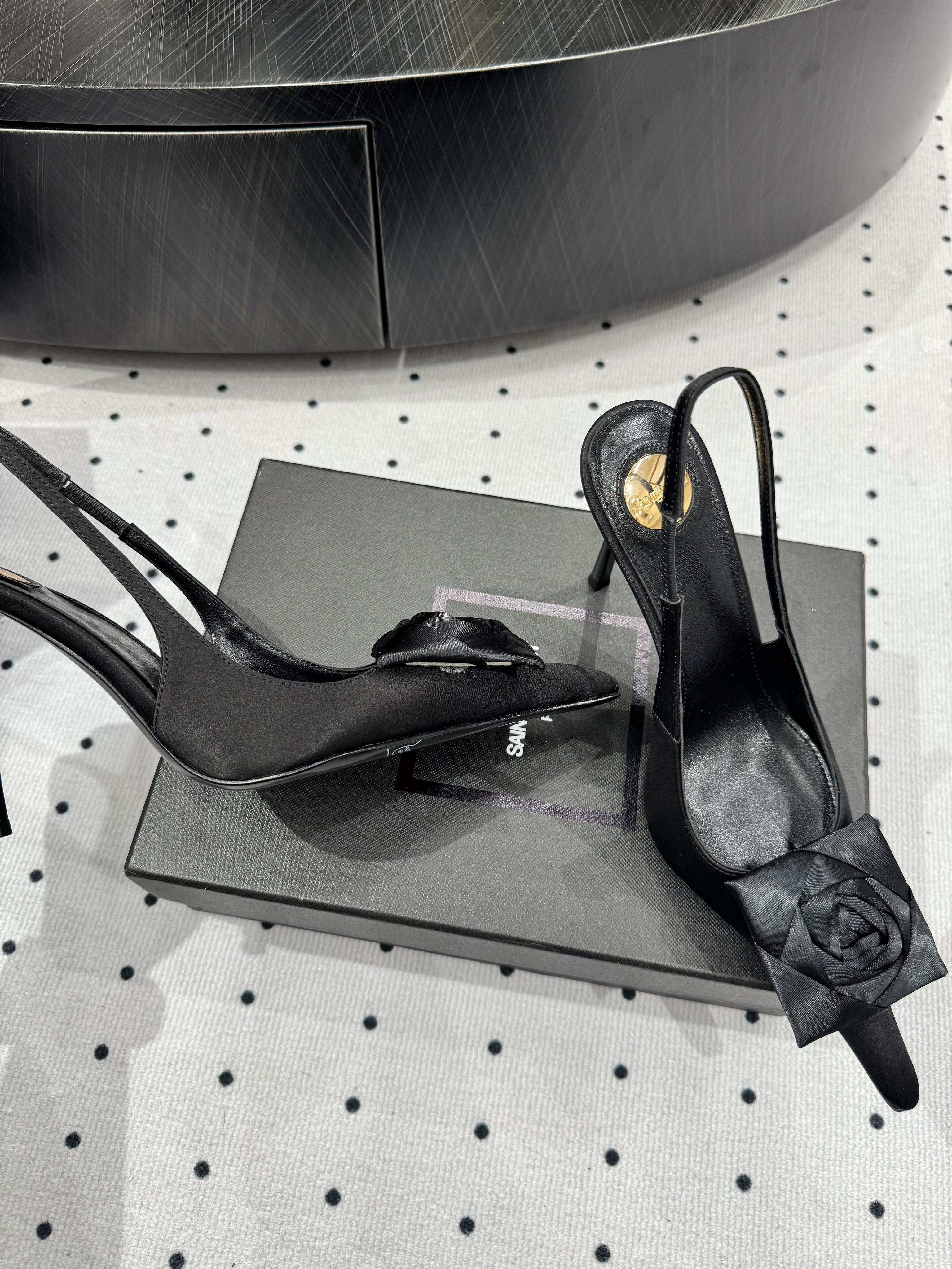 YSL 26S SLINGBACK HEELS 105 MM IN BLACK SATIN