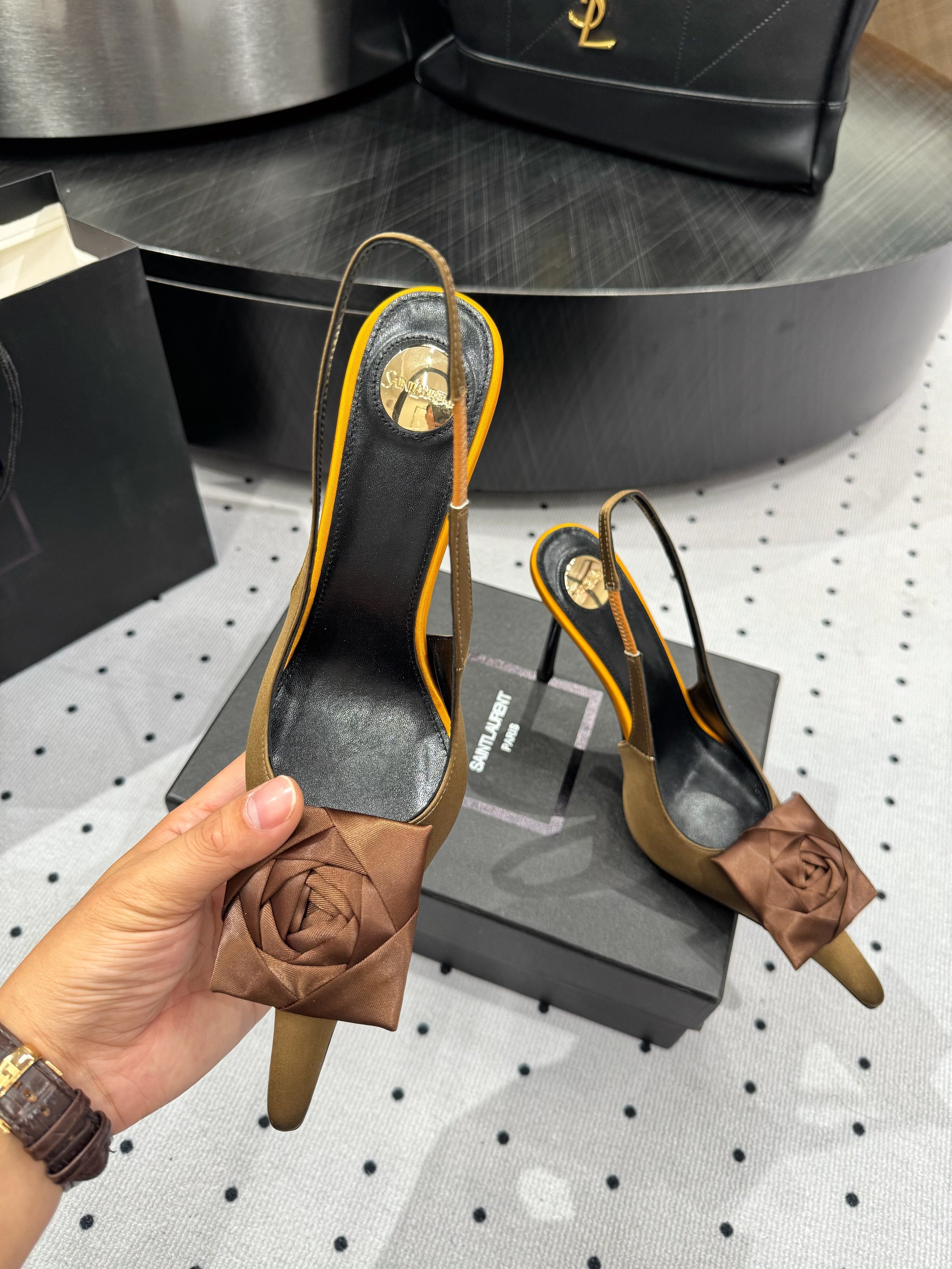 YSL 26S SLINGBACK HEELS 105 MM IN BROWN AND OLIVE SATIN