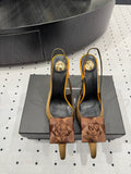YSL 26S SLINGBACK HEELS 105 MM IN BROWN AND OLIVE SATIN