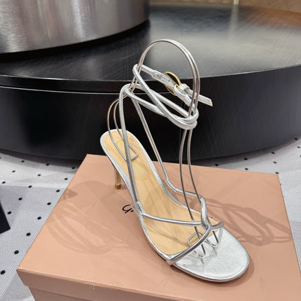 GIANVITO ROSSI 26S LACE-UP HEEL SANDALS 85 MM IN SILVER LAMBSKIN