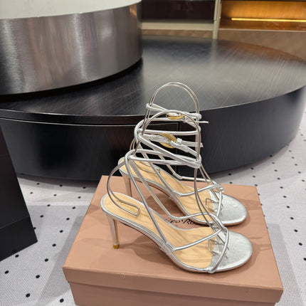 GIANVITO ROSSI 26S LACE-UP HEEL SANDALS 85 MM IN SILVER LAMBSKIN