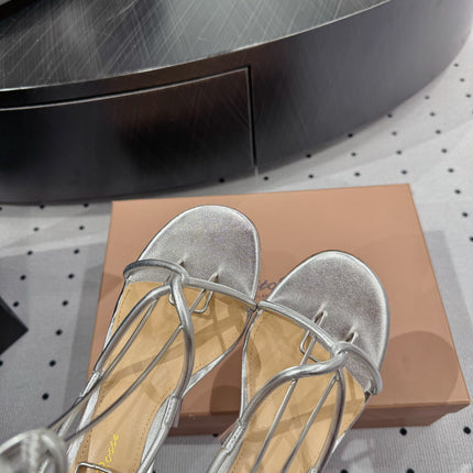 GIANVITO ROSSI 26S LACE-UP HEEL SANDALS 85 MM IN SILVER LAMBSKIN