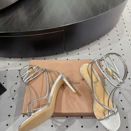 GIANVITO ROSSI 26S LACE-UP HEEL SANDALS 85 MM IN SILVER LAMBSKIN