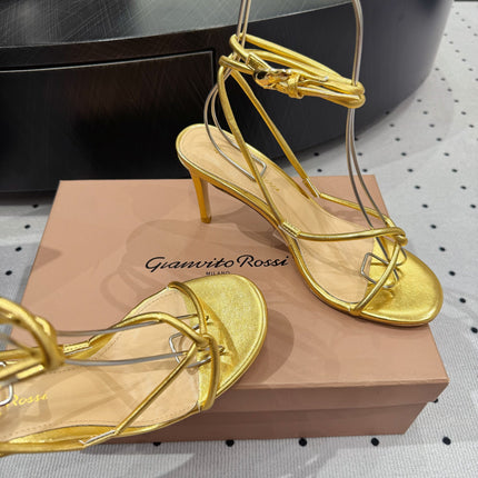 GIANVITO ROSSI 26S LACE-UP HEEL SANDALS 85 MM IN GOLD LAMBSKIN