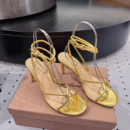 GIANVITO ROSSI 26S LACE-UP HEEL SANDALS 85 MM IN GOLD LAMBSKIN