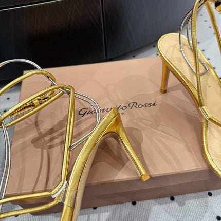 GIANVITO ROSSI 26S LACE-UP HEEL SANDALS 85 MM IN GOLD LAMBSKIN