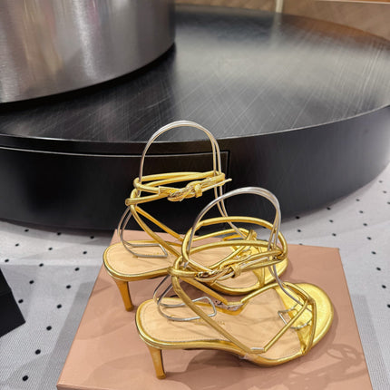 GIANVITO ROSSI 26S LACE-UP HEEL SANDALS 85 MM IN GOLD LAMBSKIN