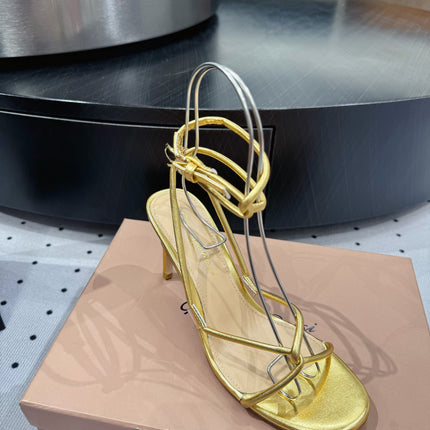 GIANVITO ROSSI 26S LACE-UP HEEL SANDALS 85 MM IN GOLD LAMBSKIN