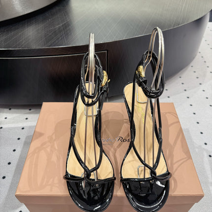 GIANVITO ROSSI 26S LACE-UP HEEL SANDALS 85 MM IN BLACK LAMBSKIN