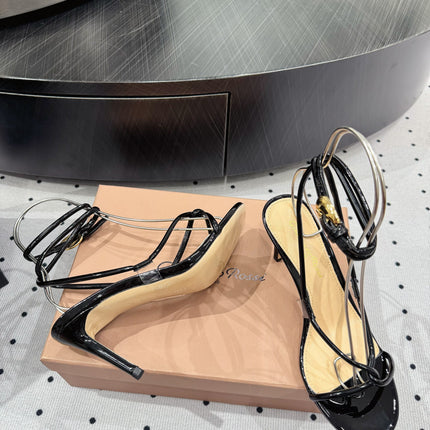 GIANVITO ROSSI 26S LACE-UP HEEL SANDALS 85 MM IN BLACK LAMBSKIN