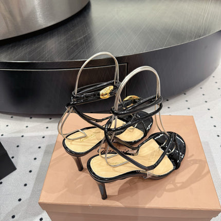 GIANVITO ROSSI 26S LACE-UP HEEL SANDALS 85 MM IN BLACK LAMBSKIN