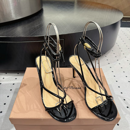 GIANVITO ROSSI 26S LACE-UP HEEL SANDALS 85 MM IN BLACK LAMBSKIN