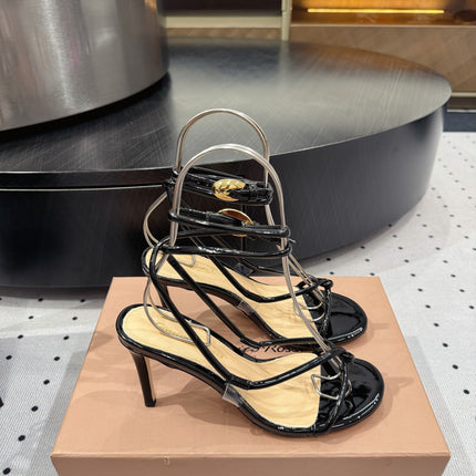 GIANVITO ROSSI 26S LACE-UP HEEL SANDALS 85 MM IN BLACK LAMBSKIN