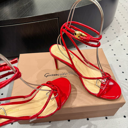 GIANVITO ROSSI 26S LACE-UP HEEL SANDALS 85 MM IN RED LAMBSKIN