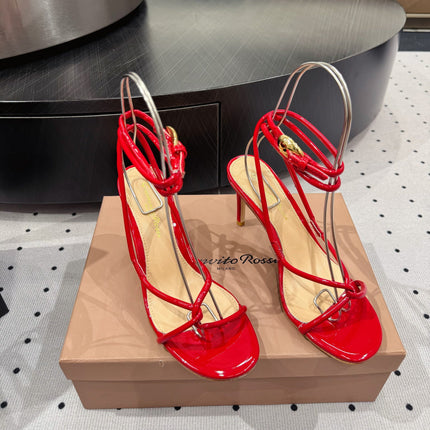 GIANVITO ROSSI 26S LACE-UP HEEL SANDALS 85 MM IN RED LAMBSKIN