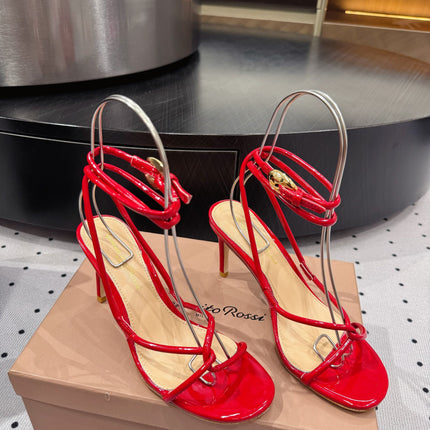 GIANVITO ROSSI 26S LACE-UP HEEL SANDALS 85 MM IN RED LAMBSKIN
