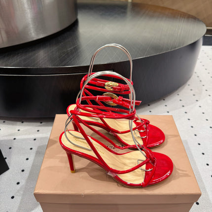 GIANVITO ROSSI 26S LACE-UP HEEL SANDALS 85 MM IN RED LAMBSKIN