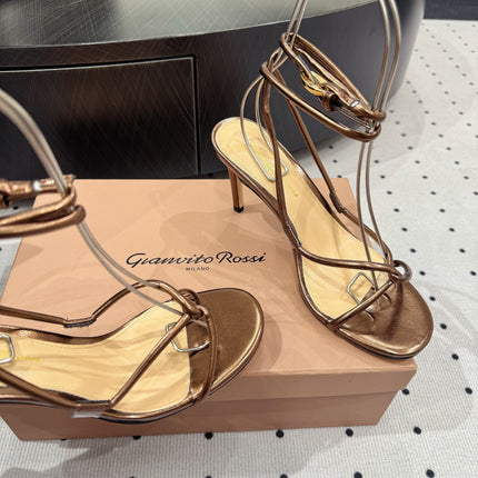 GIANVITO ROSSI 26S LACE-UP HEEL SANDALS 85 MM IN METALLIC COPPER LAMBSKIN